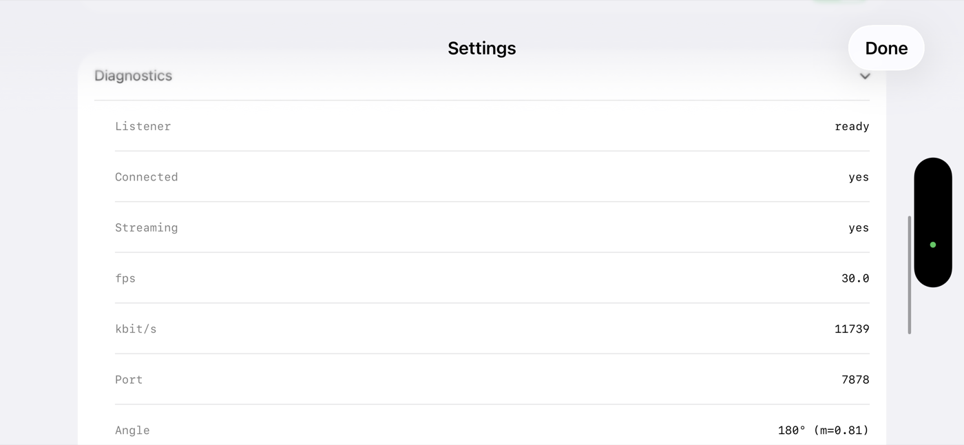 Das TetherCam-Diagnoseblatt auf dem iPhone: Listener bereit, verbunden, Streaming, Bilder pro Sekunde, Kilobit pro Sekunde, Port, Winkel und Restneigung
