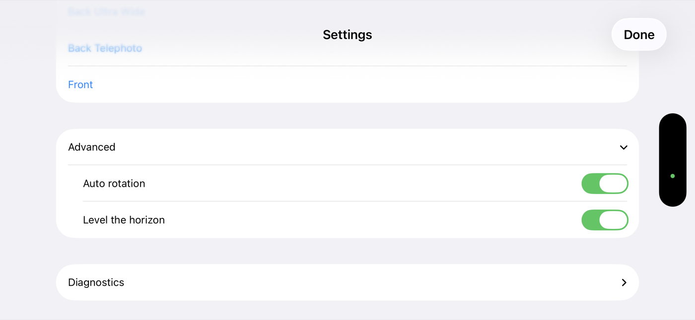 Die erweiterten Einstellungen auf dem iPhone mit Auflösung, Bildrate und Bitrate