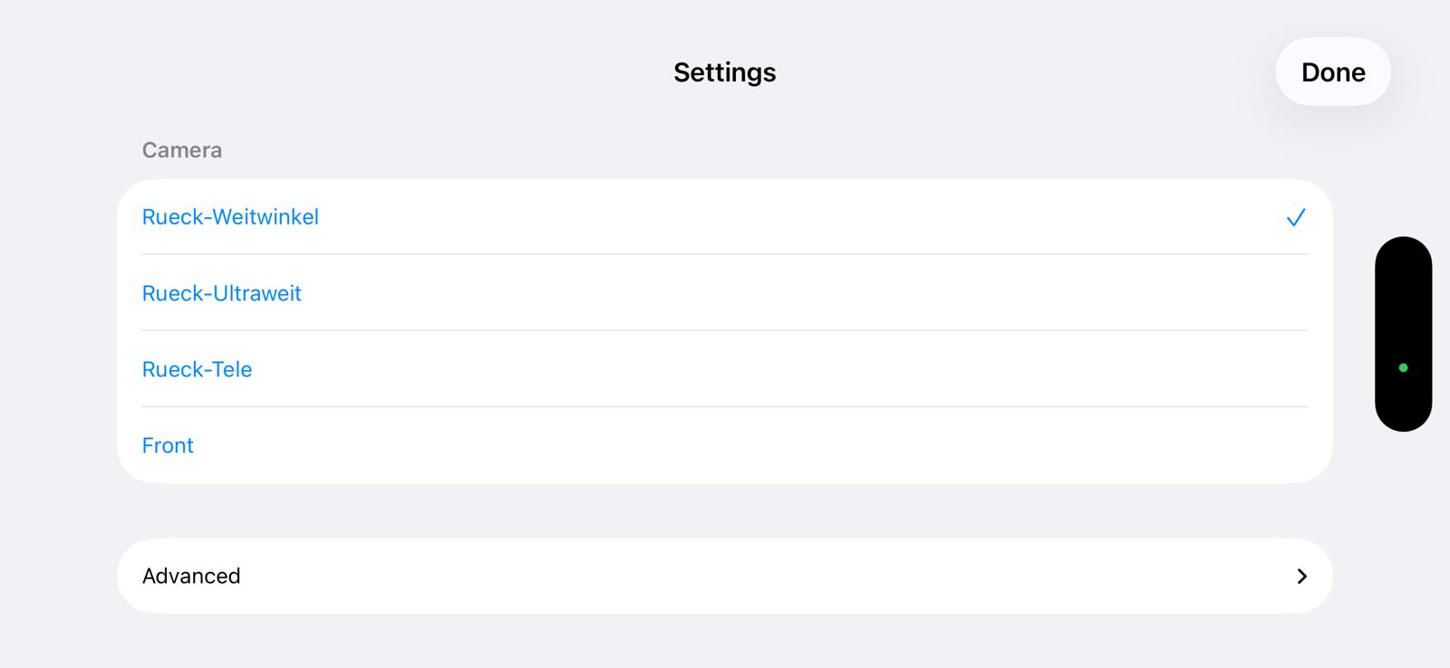 The TetherCam settings sheet on the iPhone with the camera list and the rotation options
