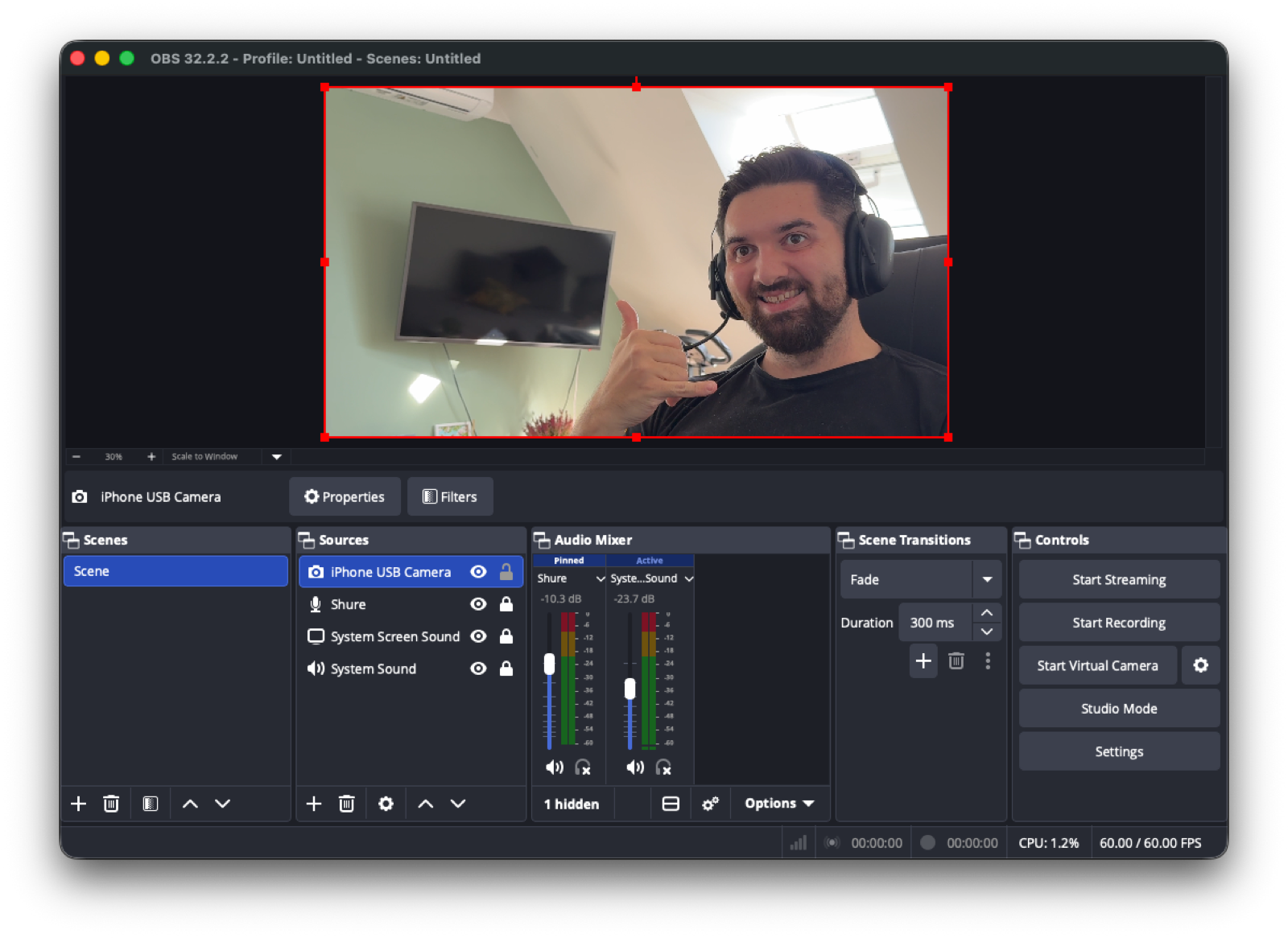 The OBS source TetherCam showing a live 1080p picture from an iPhone 15 Pro Max over the USB cable