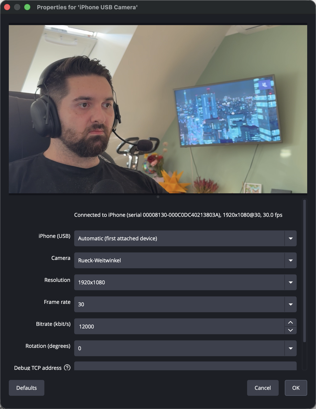 The TetherCam source properties in OBS with the status line, device, camera, resolution, frame rate and bitrate