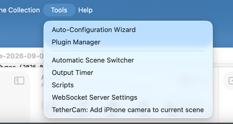 The OBS Tools menu with the entry TetherCam: Add iPhone camera to current scene